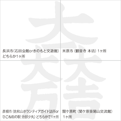 長浜市（石田会館orきのもと交遊館）ちらか１ヶ所　米原市（観音寺 本坊）１ヶ所　彦根市（佐和山ボランティアガイド詰所orひこね街の駅 治部少丸）どちらかで１ヶ所　関ケ原町（関ケ原笹尾山交流館）１ヶ所