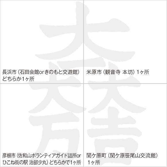 長浜市（石田会館orきのもと交遊館）ちらか１ヶ所　米原市（観音寺 本坊）１ヶ所　彦根市（佐和山ボランティアガイド詰所orひこね街の駅 治部少丸）どちらかで１ヶ所　関ケ原町（関ケ原笹尾山交流館）１ヶ所